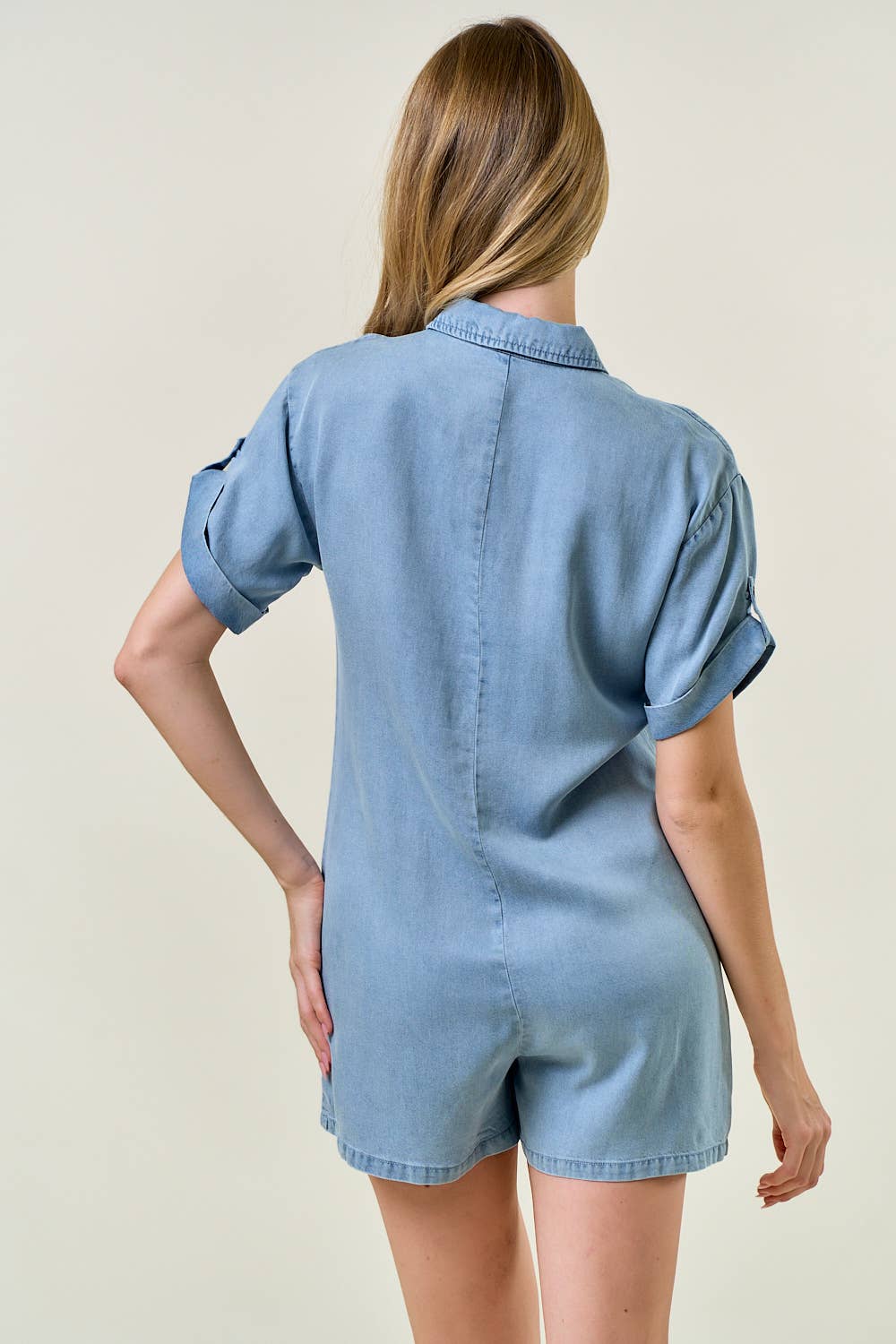 Denim Roll-Up Tab Short Sleeve Henley Romper - 27954R