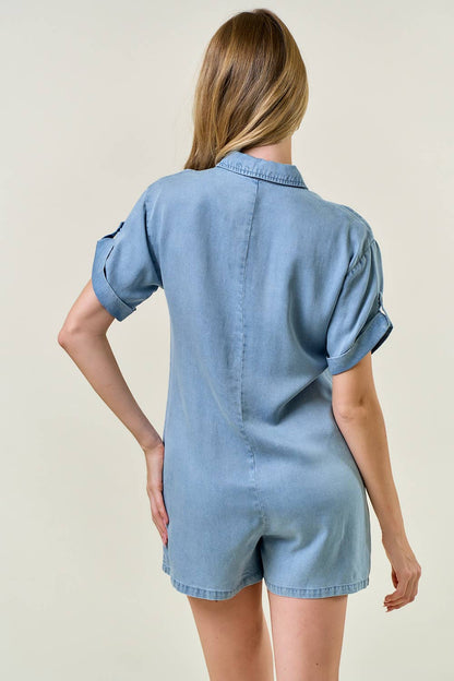 Denim Roll-Up Tab Short Sleeve Henley Romper - 27954R