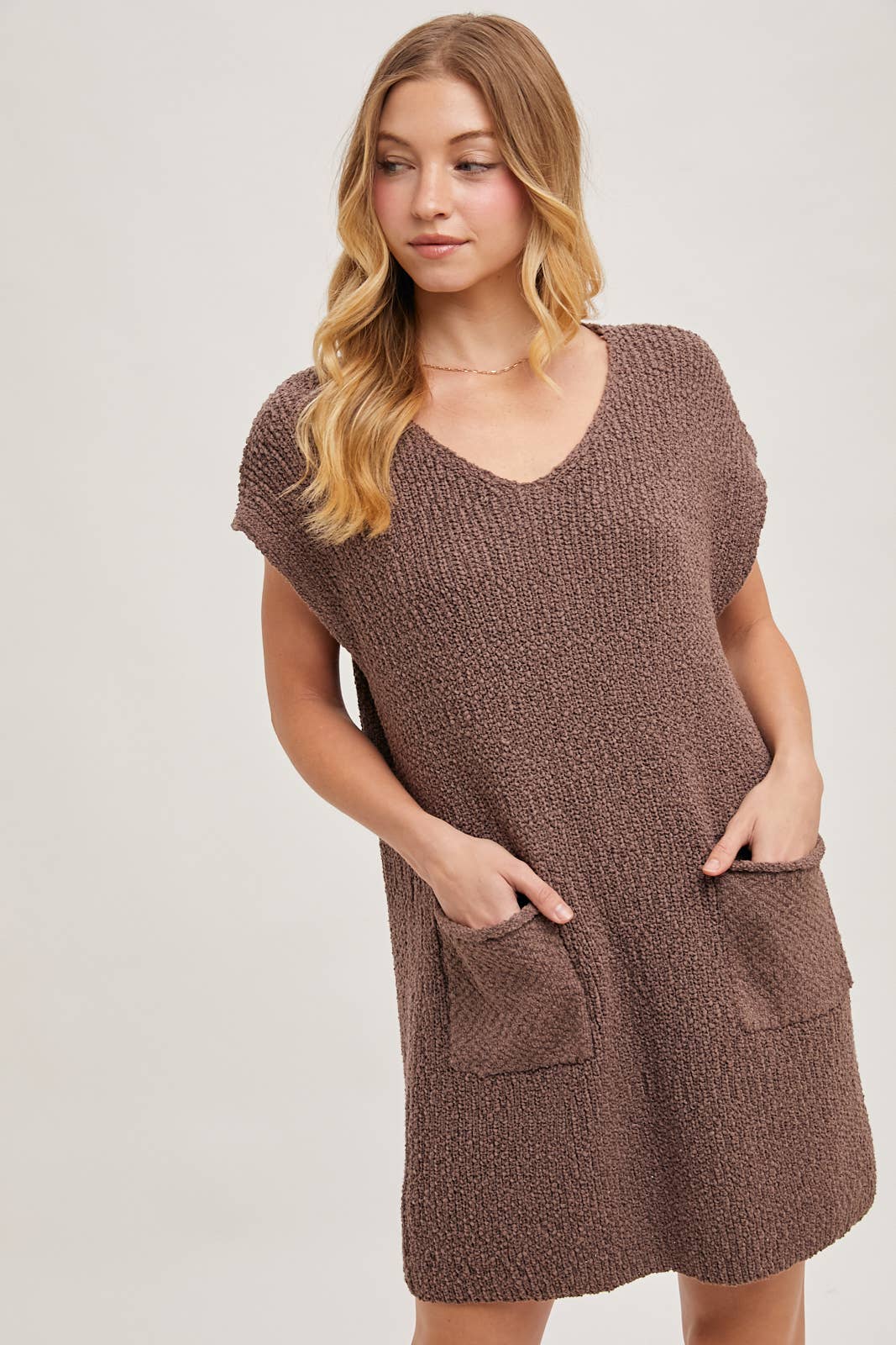 V-NECK KNIT SWEATER DRESS WITH POCKETS