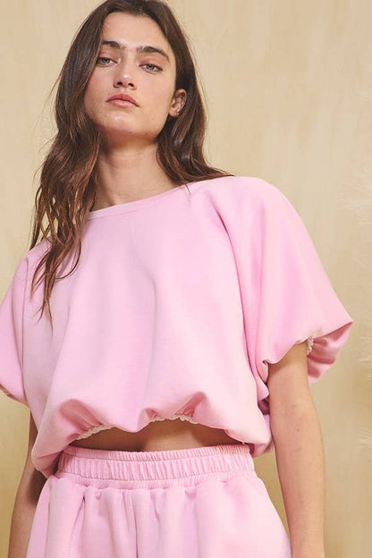 T2304A Scuba Bubble Hem And Sleeve Solid Crop Top