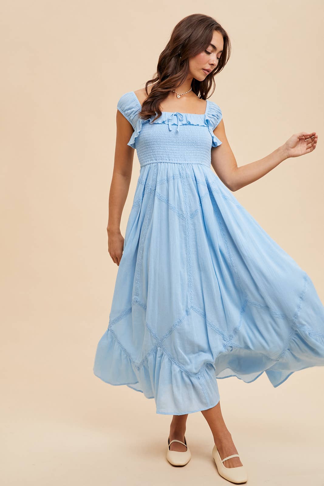SMOCKED MAXI WITH LACE TRIM DETAIL