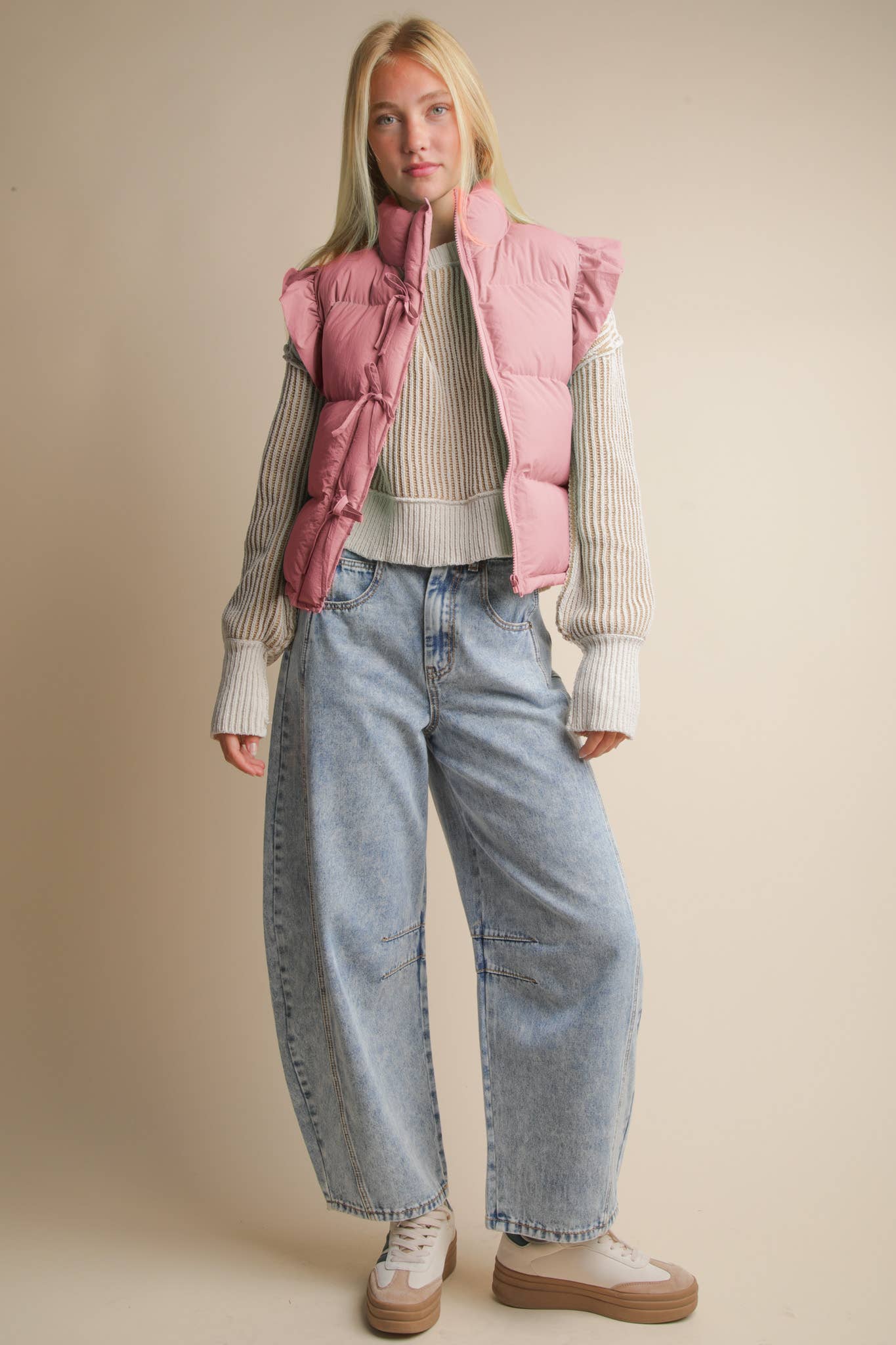 NJ90385-Front Bow Ruffle Sleeve Puffer Vest