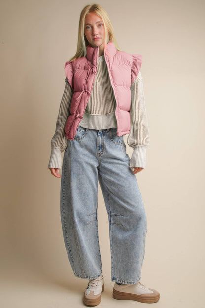 NJ90385-Front Bow Ruffle Sleeve Puffer Vest
