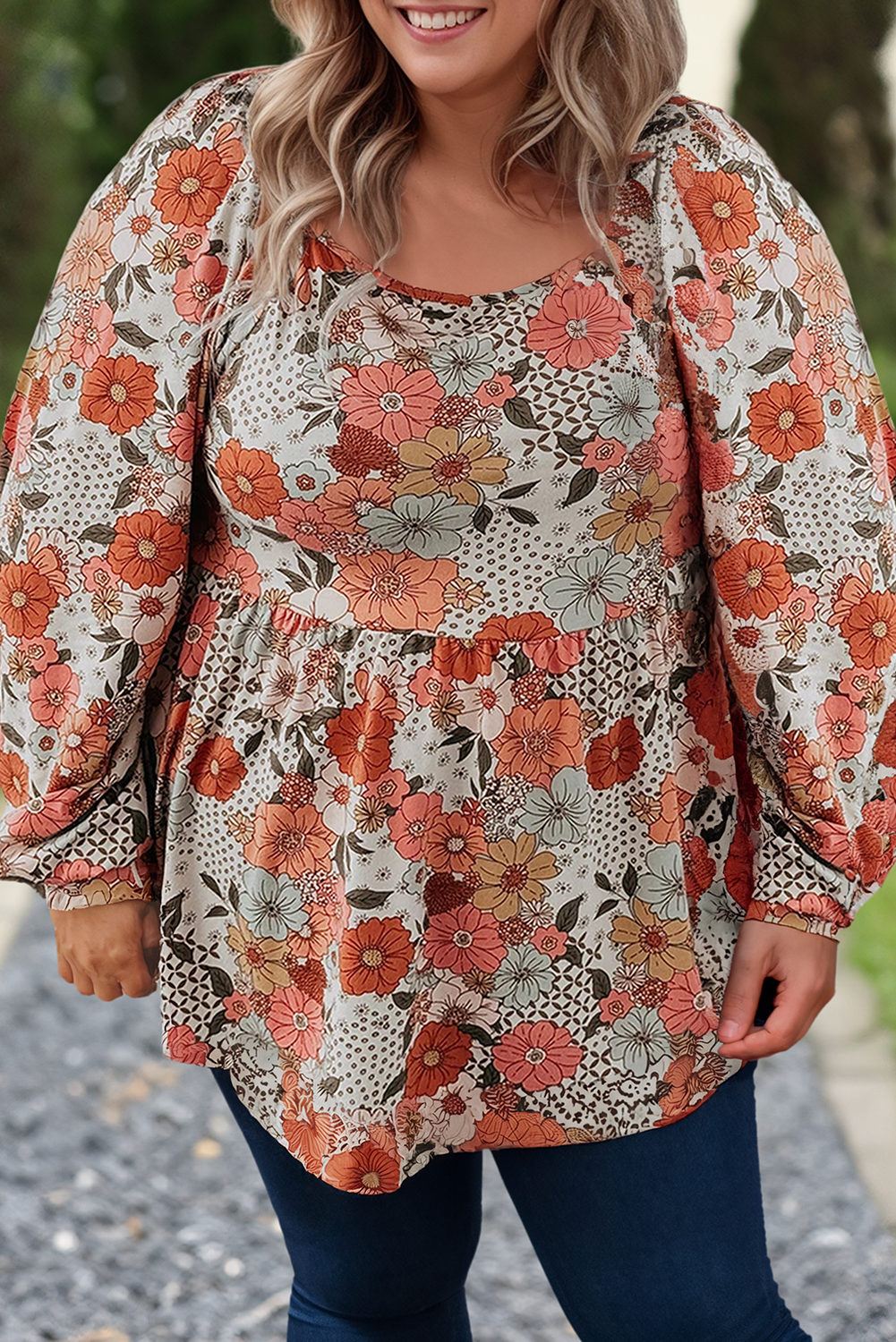 Plus Size 2024 Fall Flower Print Square Neck Peplum Blouse