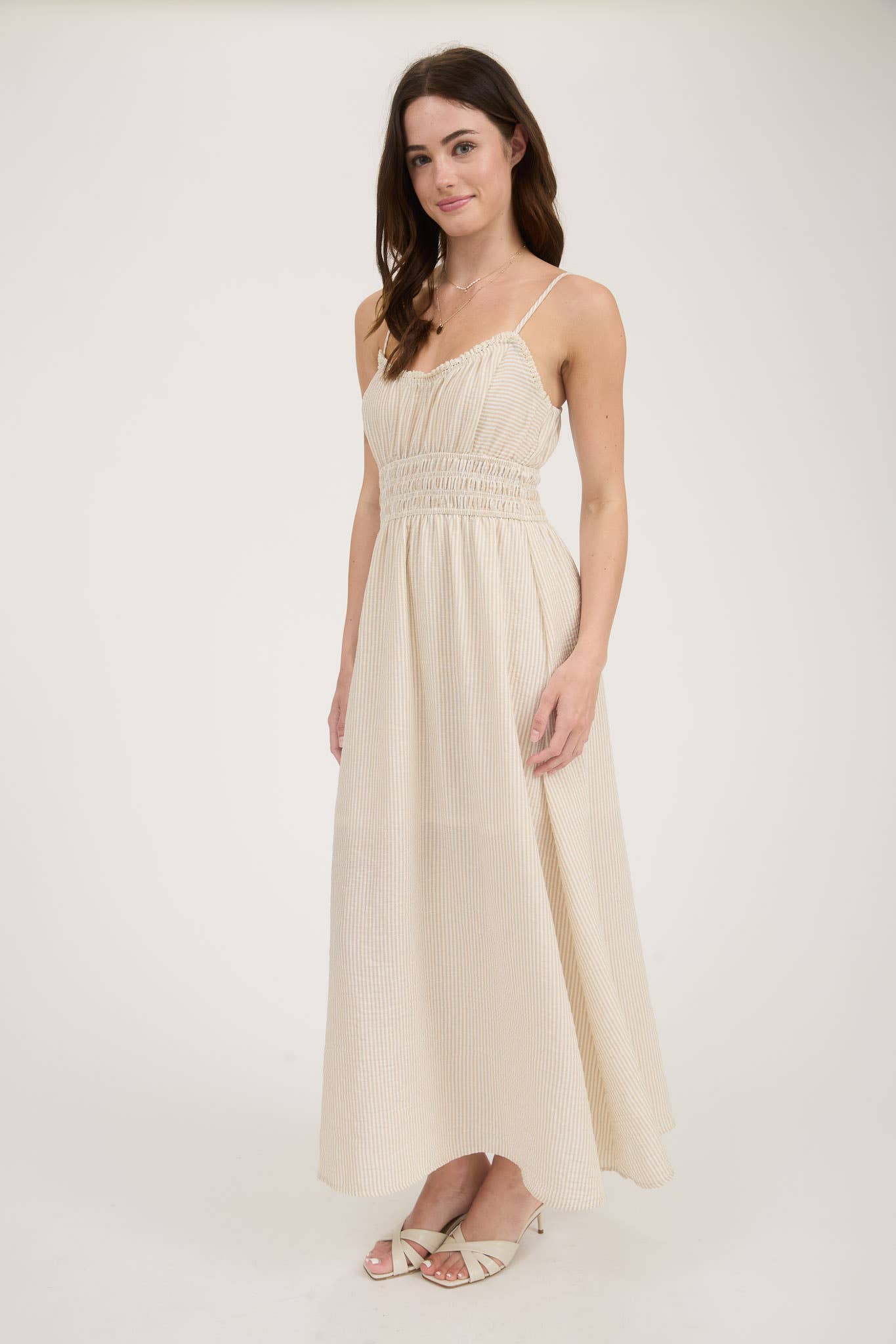STRIPE LACE TRIM SPAGHETTI STRAP MIDI DRESS
