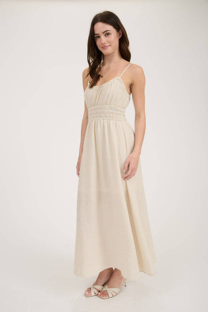 STRIPE LACE TRIM SPAGHETTI STRAP MIDI DRESS