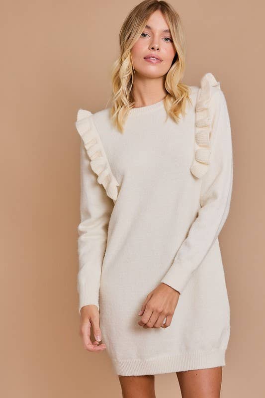 Long Sleeve Ruffle Detail Mini Sweater Dress