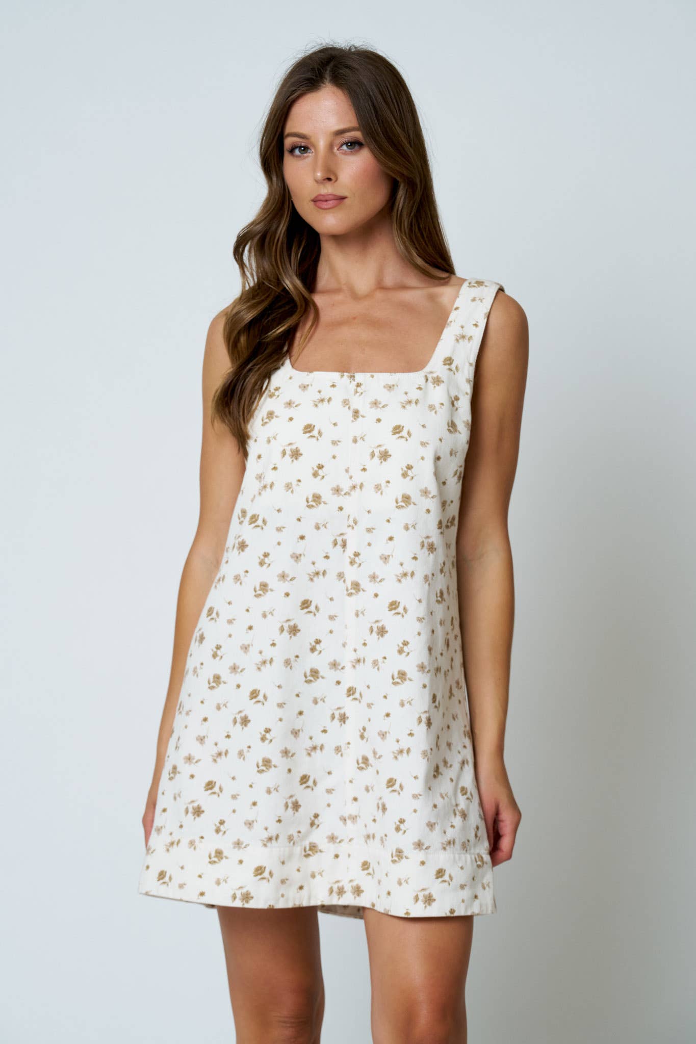 FLORAL FRONT SEAM SLEEVELESS DENIM MINI DRESS