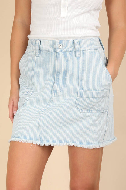 NS50140-Mineral Washed Denim Striped Casual Mini Skirt