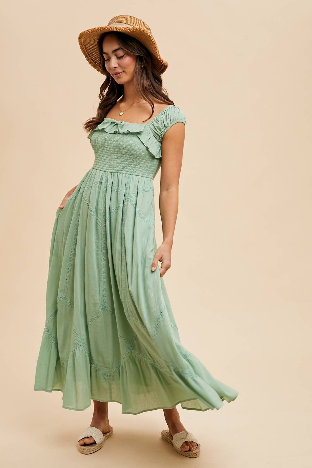 SMOCKED MAXI WITH LACE TRIM DETAIL