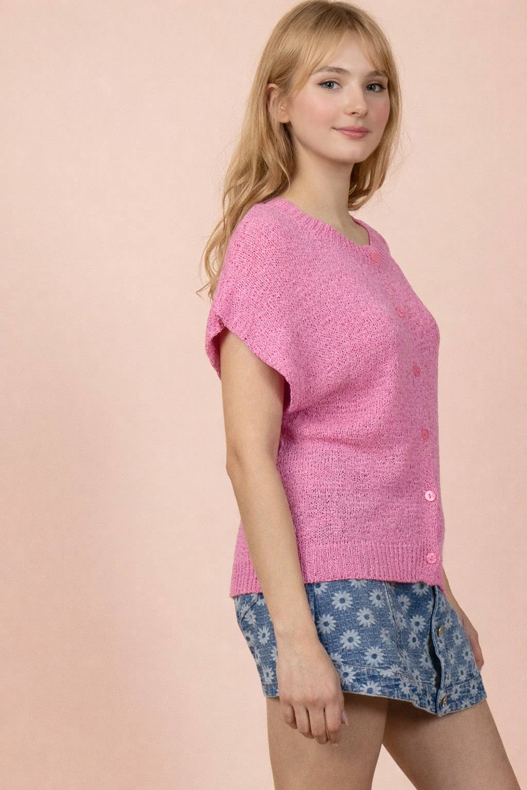 12W3653N-Button Down Solid Knit Summer Sweater Top