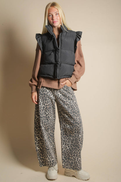 NJ90385-Front Bow Ruffle Sleeve Puffer Vest