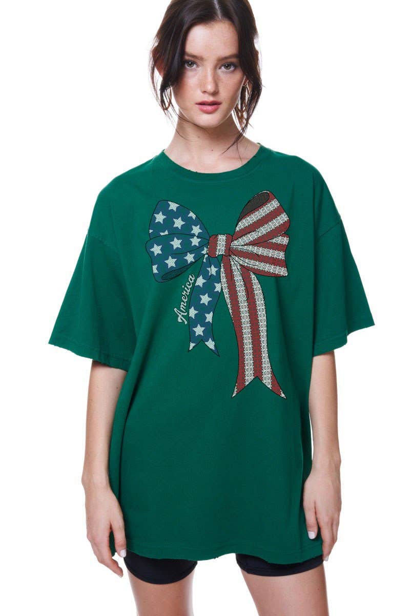 America Coquette Bow Ribbon Graphic Oversized Tee