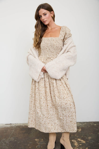 FLORAL SMOCKED SQUARE NECK PUFF SLEEVE MIDI DRESS
