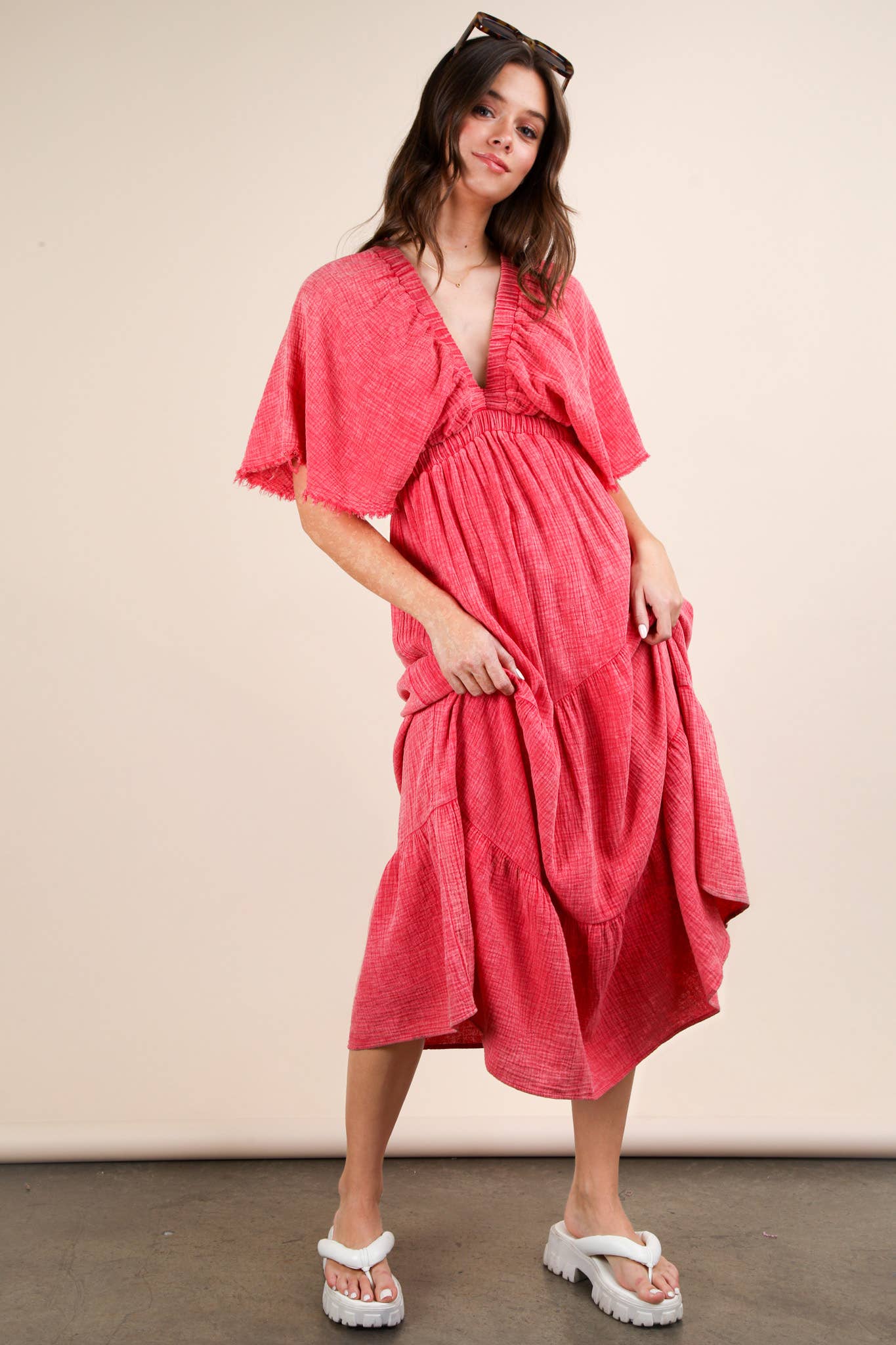 ND31584-Mineral Washed Elastic Neck Detail Midi Dress