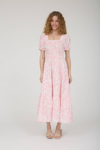 FLORAL PUFF SLEEVE SMOCKED TIERED MIDI DRESS