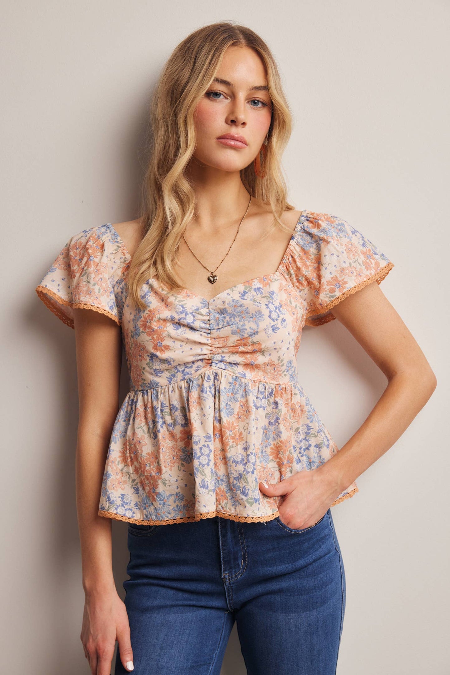 Floral Ruched Peplum Cotton Top FT0046