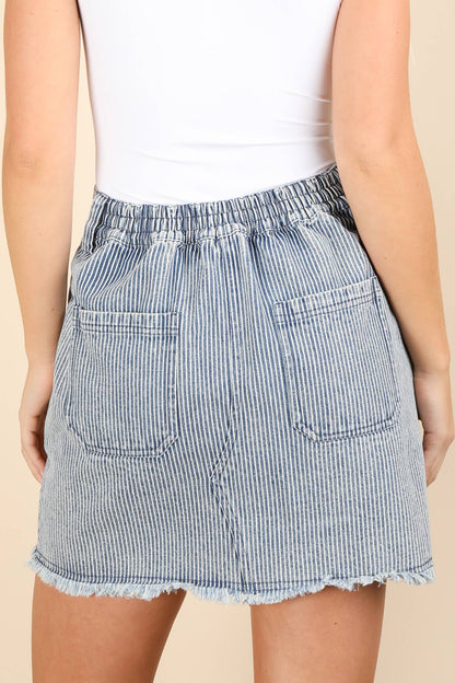 NS50140-Mineral Washed Denim Striped Casual Mini Skirt