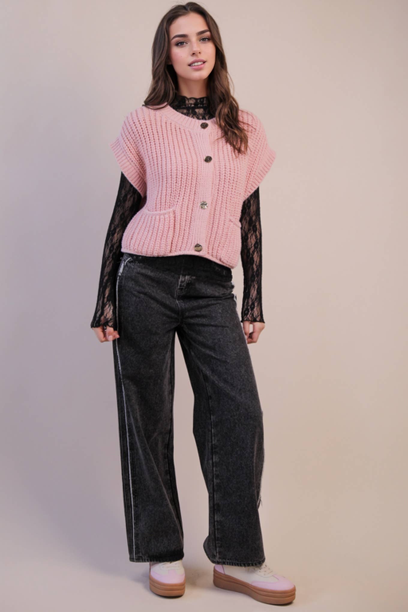 12W3382N-Oversized Button Down Knit Sweater Top
