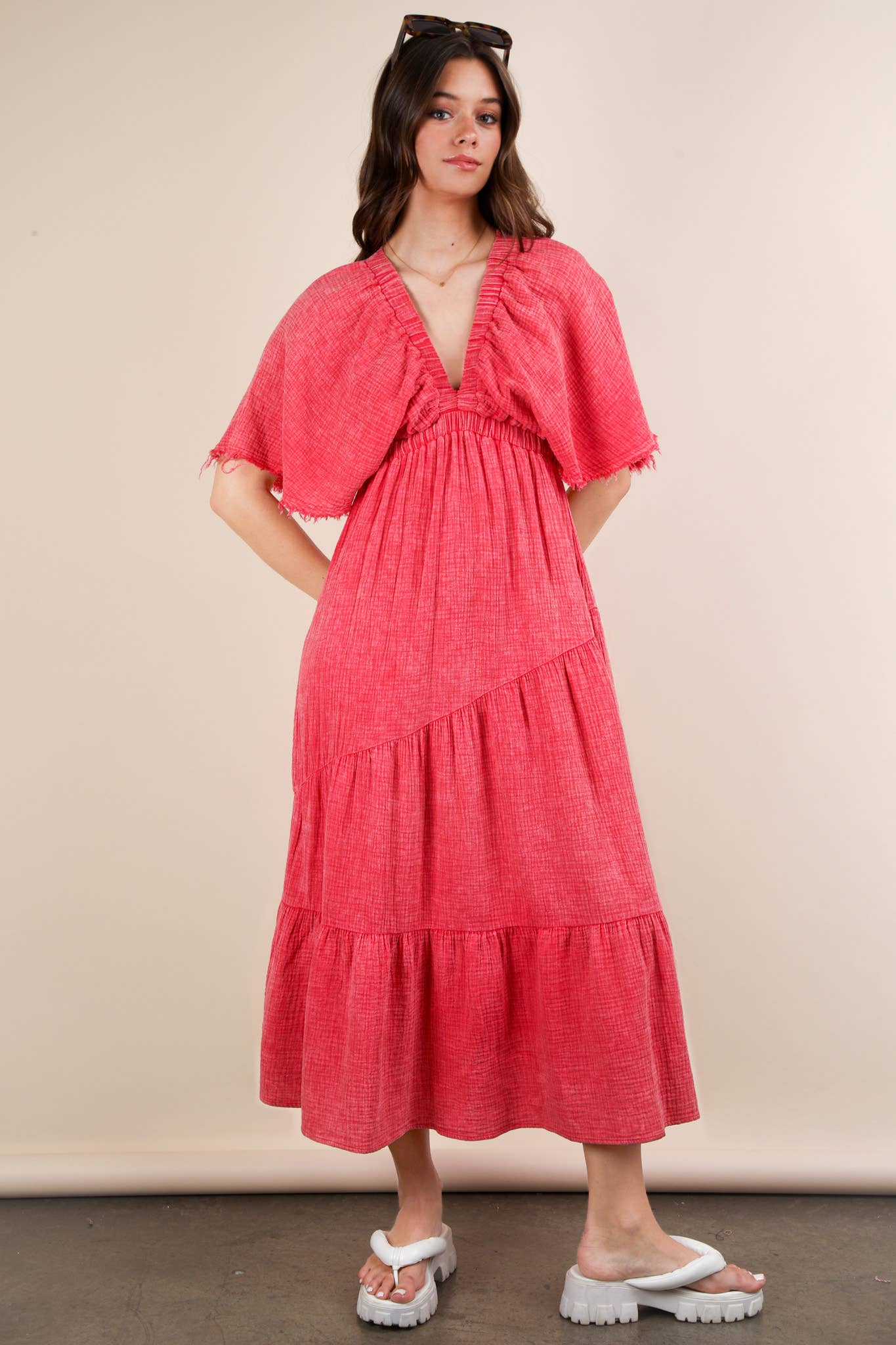 ND31584-Mineral Washed Elastic Neck Detail Midi Dress