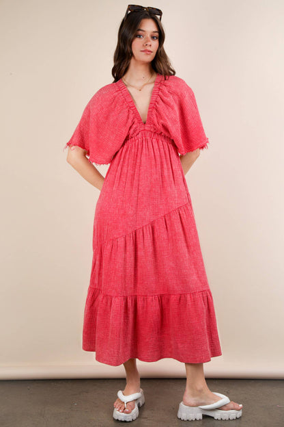 ND31584-Mineral Washed Elastic Neck Detail Midi Dress