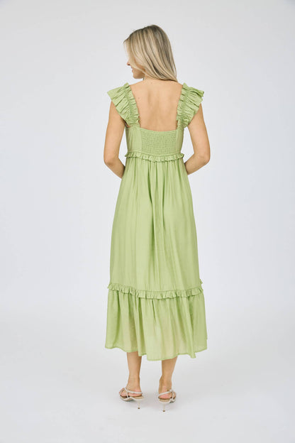 RUFFLE DETAIL EMPIRE WAIST SLEEVELESS MIDI DRESS