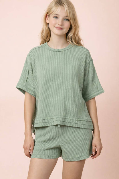 NT12686SET-Ribbed Knit Comfy Top & Shorts Set