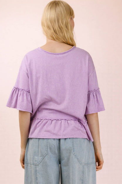 NT12430-Mineral Washed Ruffle Detail Knit Top