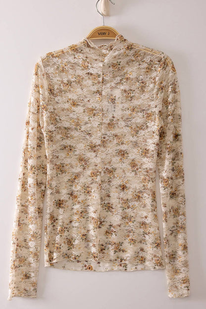 NT12220-High Neck Fitted Sheer Mesh Lace Knit Top