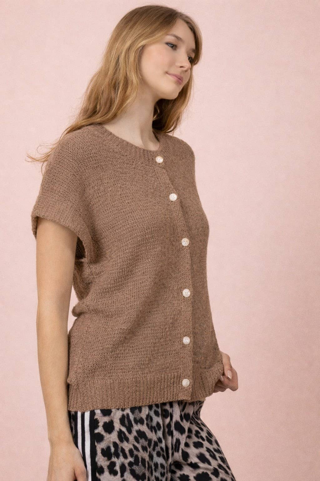12W3653N-Button Down Solid Knit Summer Sweater Top