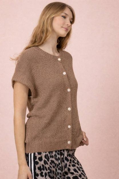 12W3653N-Button Down Solid Knit Summer Sweater Top