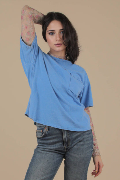 Mineral Washed Knit Top with Pocket white