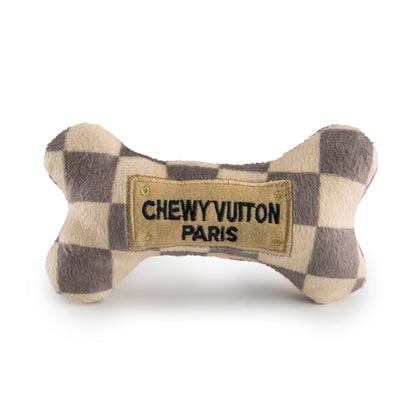 Tan Checker Chewy Vuiton Bones | Plush Squeaker Dog Toy