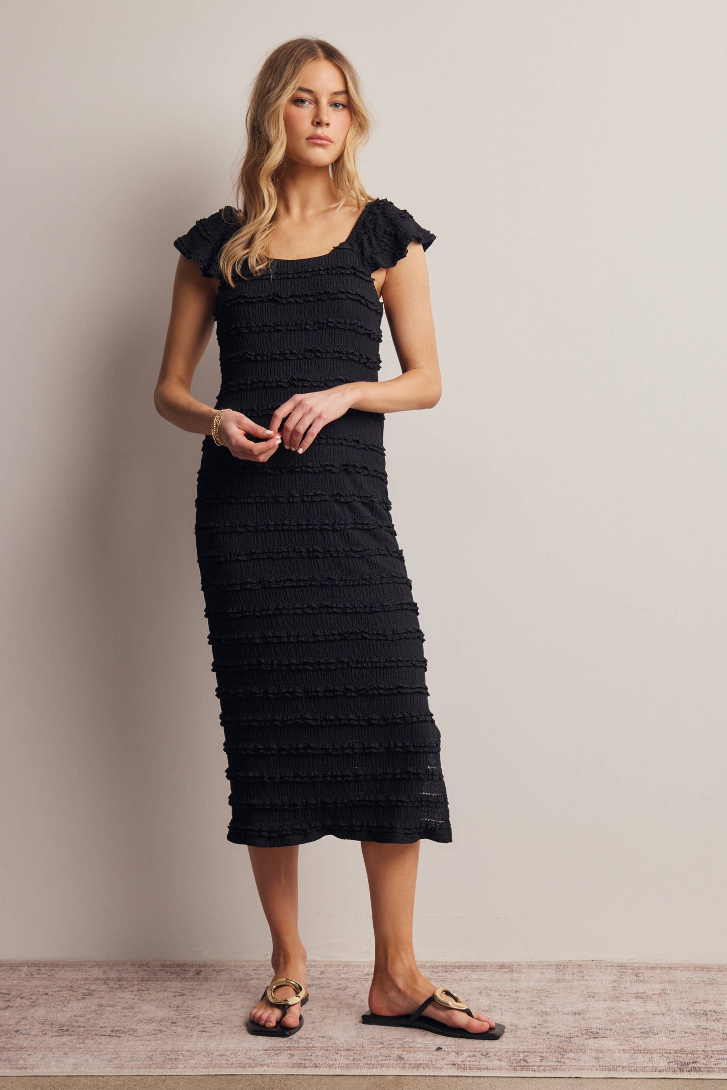 Smocked Ruffle Strap Midi Dress