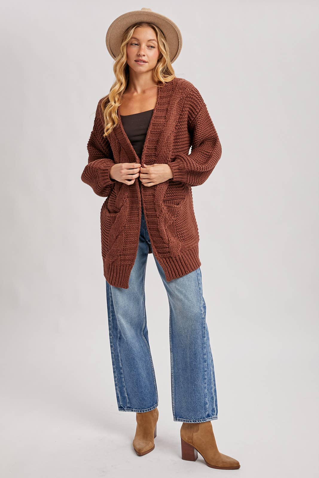 CHUNKY CABLE LANTERN SLEEVE CARDIGAN