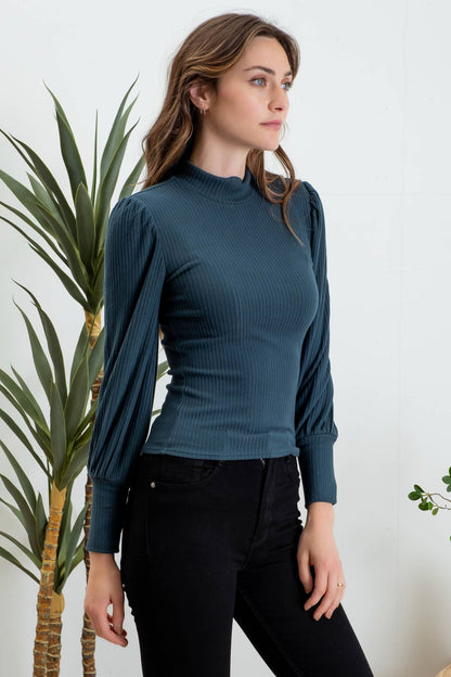 MOCK NECK LONG SLEEVE BACK BUTTON KNIT TOP