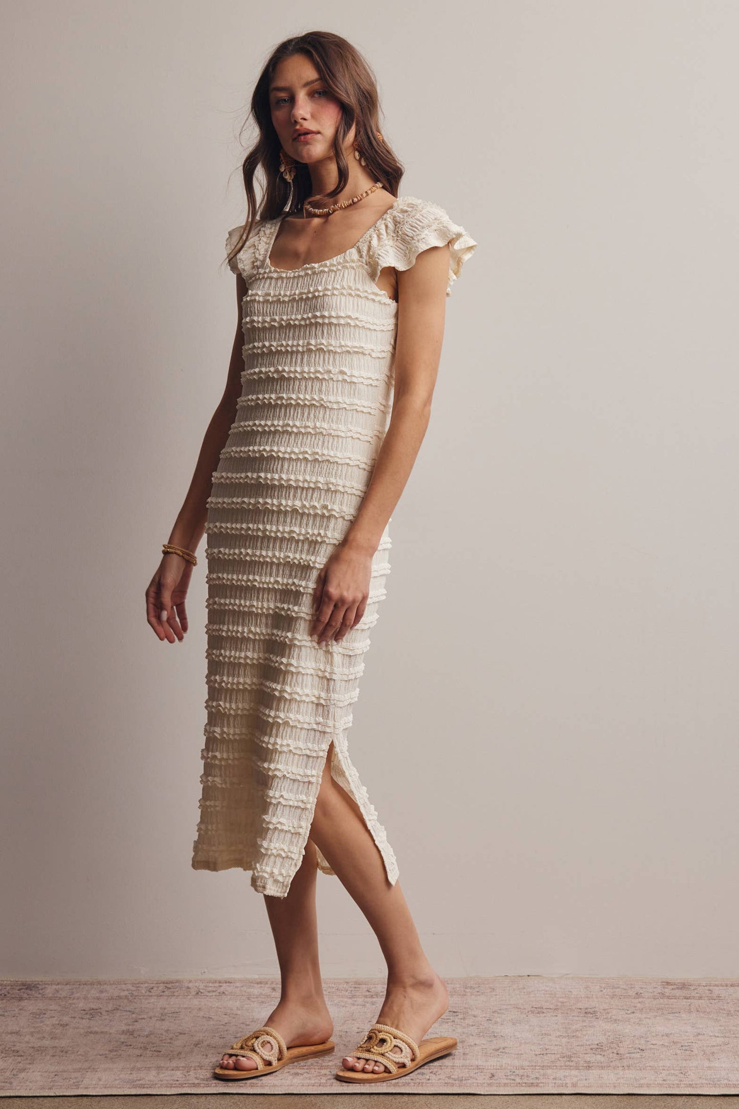 Smocked Ruffle Strap Midi Dress