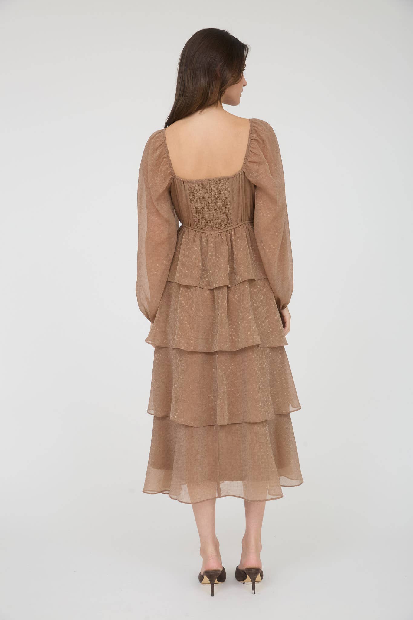 LUREX RUFFLE TIERED LONG SLEEVE MIDI DRESS