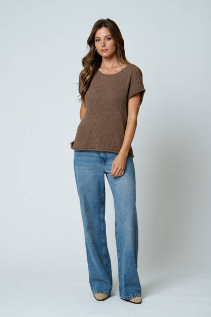 CREW NECK RAW SLEEVE RELAXED SWEATER KNIT TOP