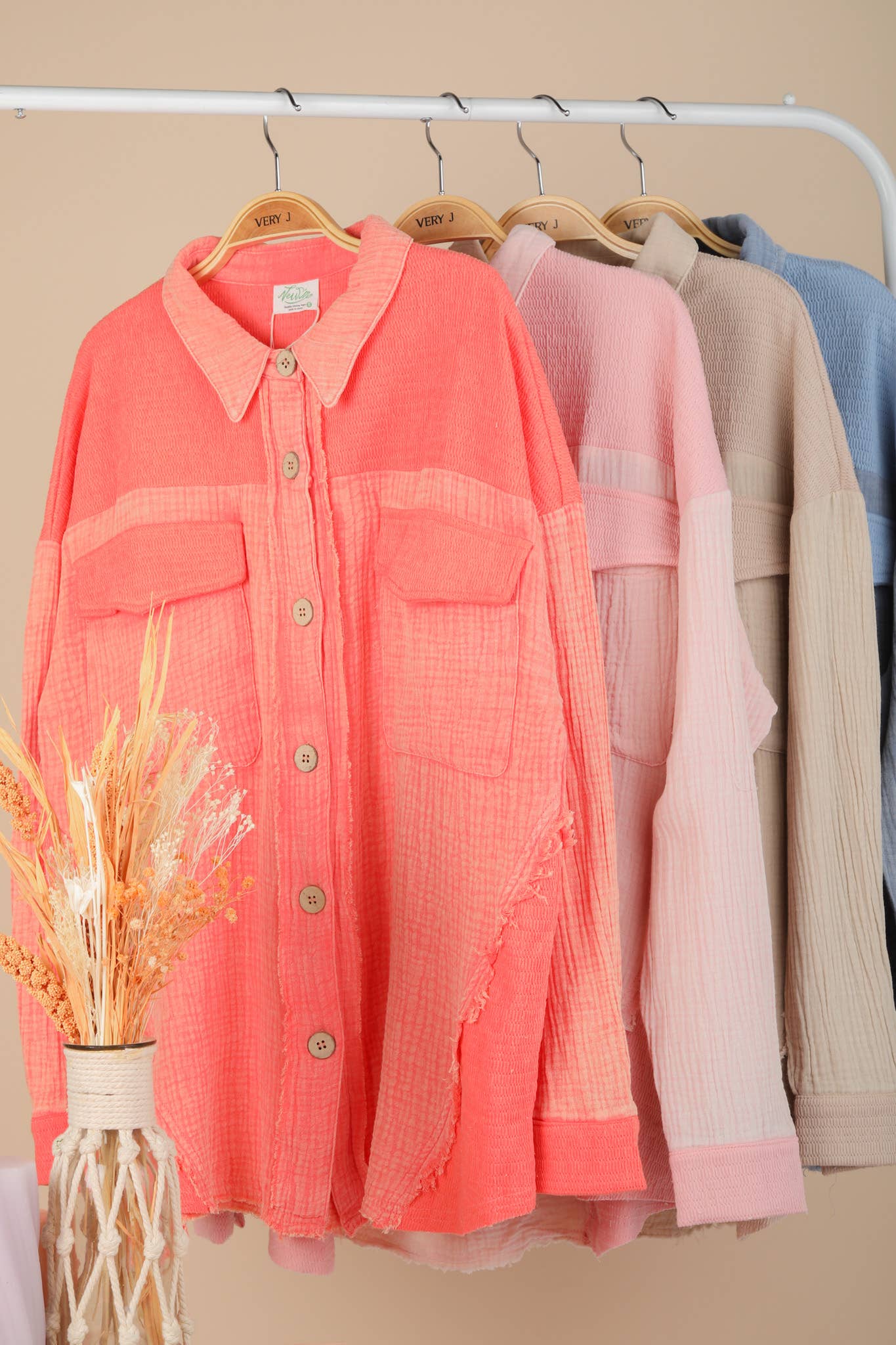 NJ90360-Mineral Washed Oversized Gauze Shacket Jacket