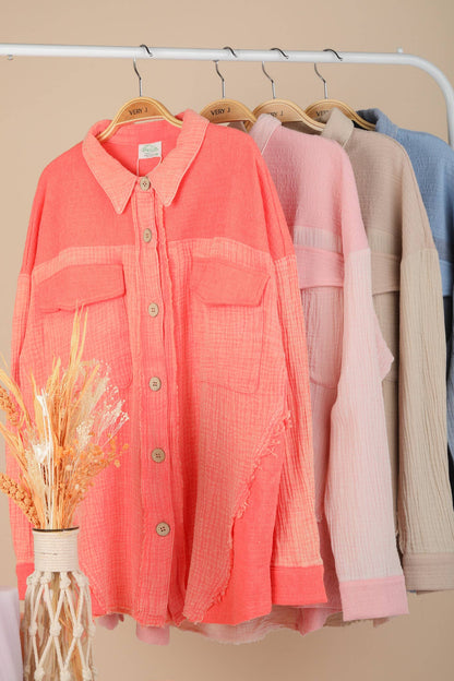 NJ90360-Mineral Washed Oversized Gauze Shacket Jacket