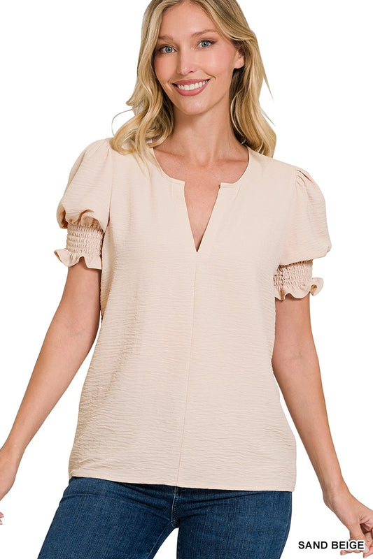 WOVEN AIRFLOW V-NECK SMOCKED PUFF SLEEVE TOP