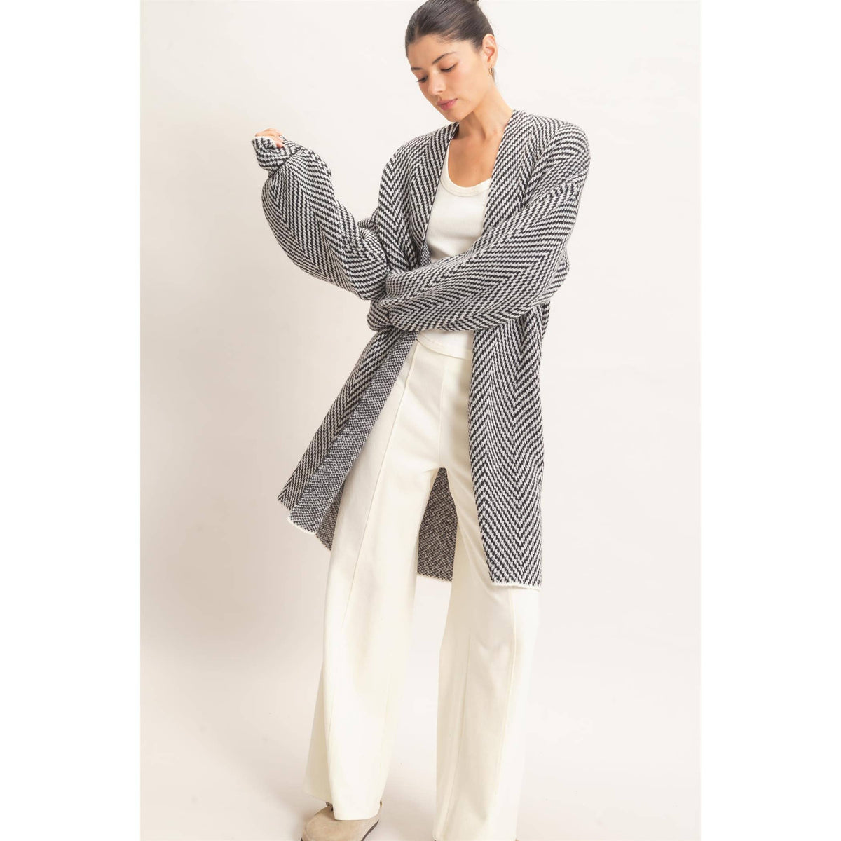 Herringbone Pattern Open-Front Cardigan