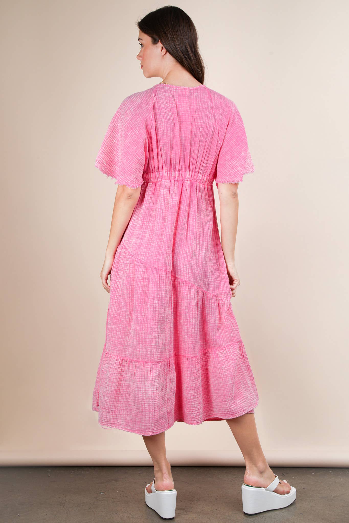 ND31584-Mineral Washed Elastic Neck Detail Midi Dress