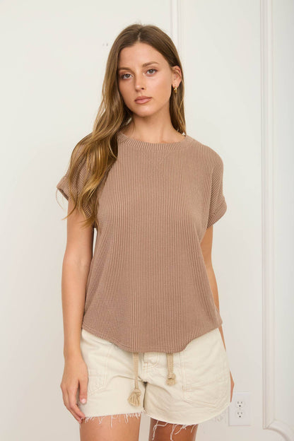 RIBBED CREW NECK SHORT CUFF SLEEVE KNIT TOP