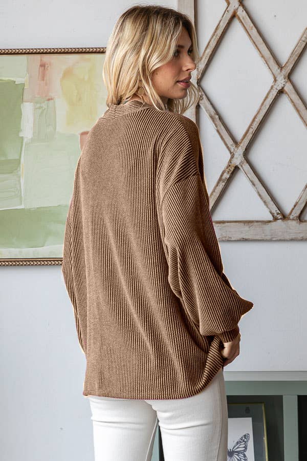 Solid Rib Drop Shoulder Button Balloon Sleeve Cardigan T5745