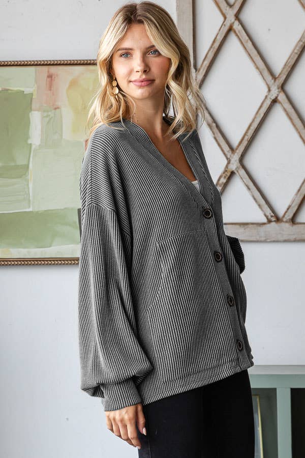 Solid Rib Drop Shoulder Button Balloon Sleeve Cardigan T5745