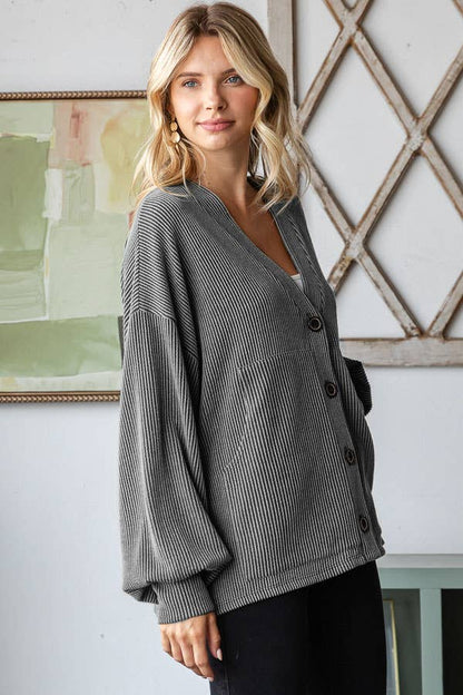 Solid Rib Drop Shoulder Button Balloon Sleeve Cardigan T5745