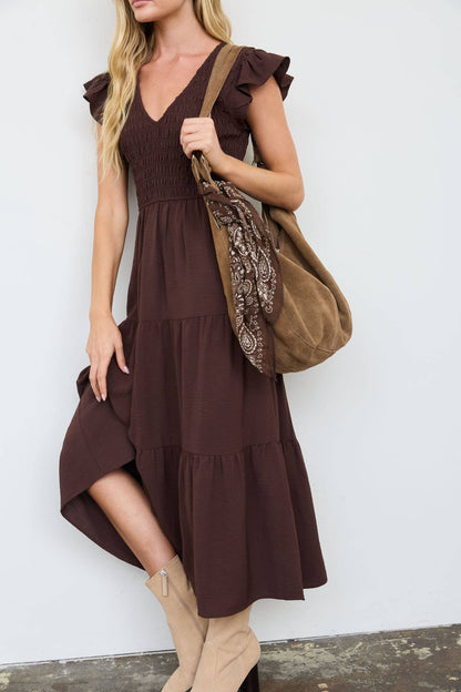 FLUTTER SLEEVE V NECK SMOCKED MIDI DRESS