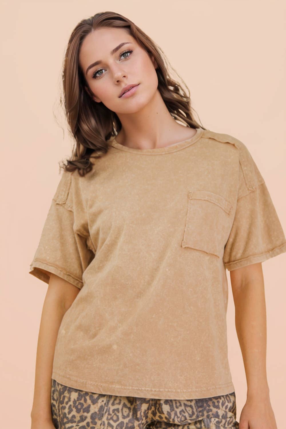 NT11108-Mineral Washed Knit Top with Pocket